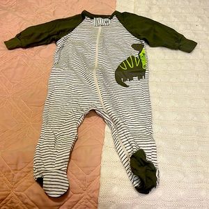 Olive green w/ black and white stripped footie.